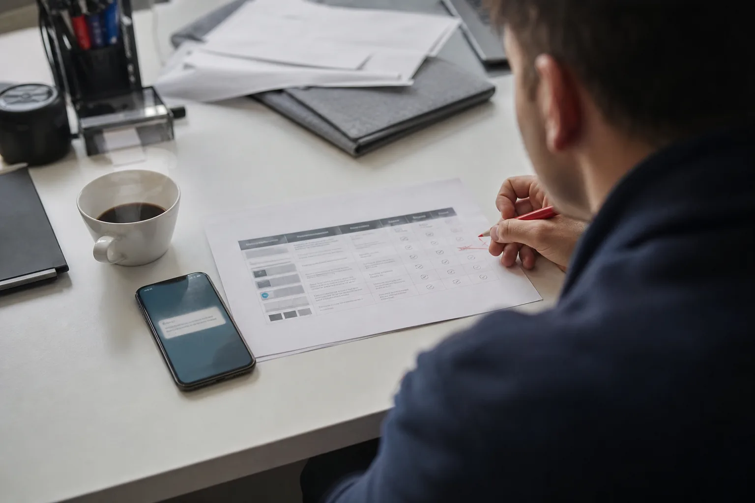 Phone showing a short morning alert message on a desk beside a printed sales battlecard with a price row corrected in red pencil and a cup of coffee