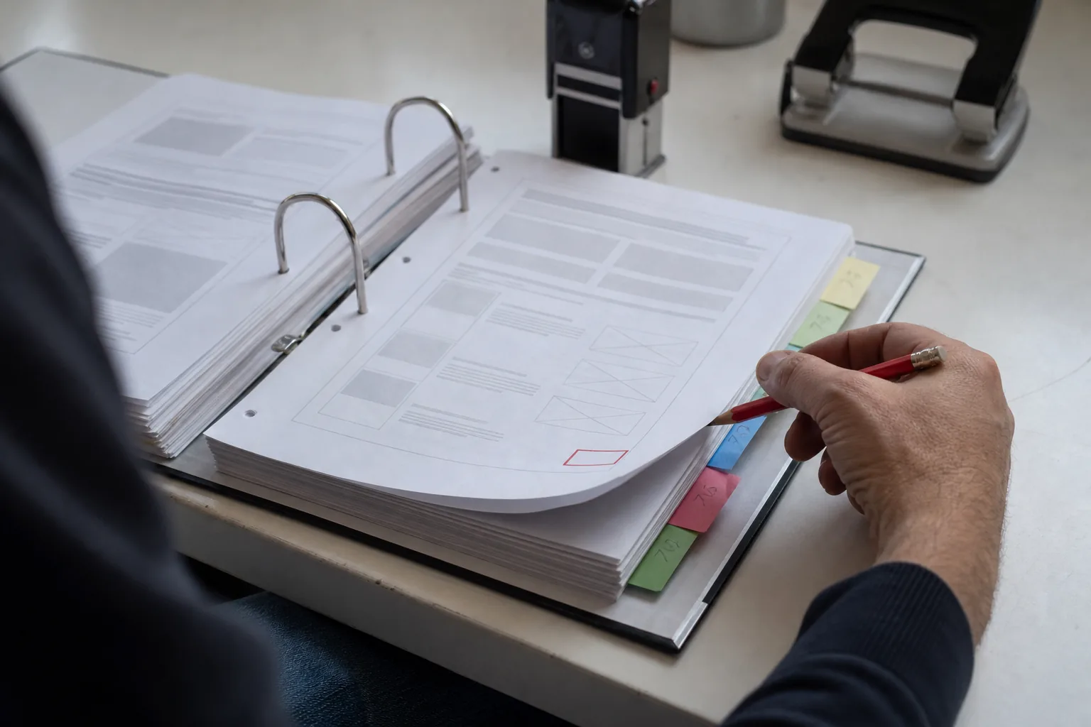 Open ring binder of printed web page versions separated by coloured index tabs, a hand with a red pencil lifting one page with a red stamp mark in its corner