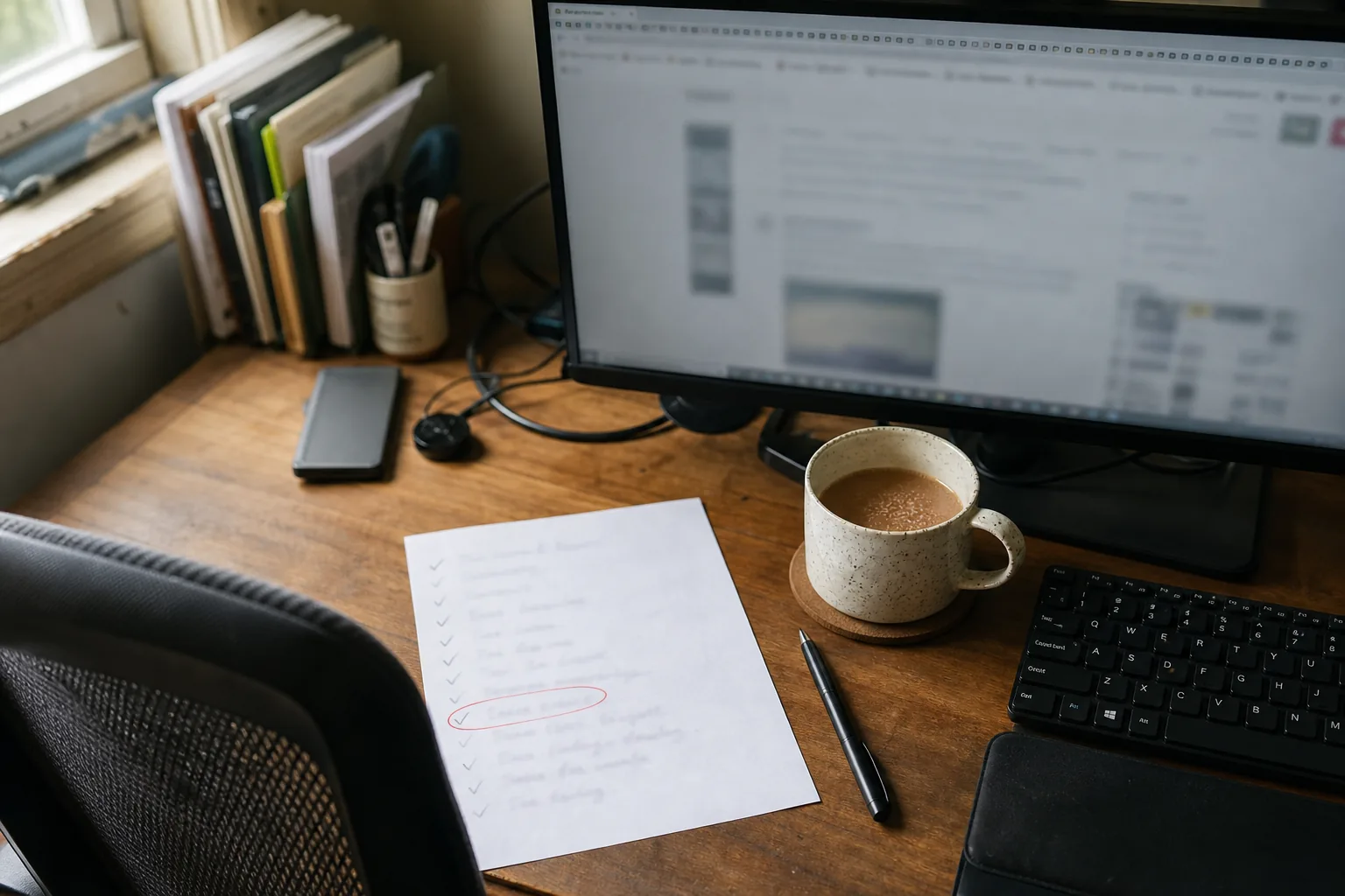 Monitor crowded with many open browser tabs beside a handwritten checklist of websites with most lines ticked off