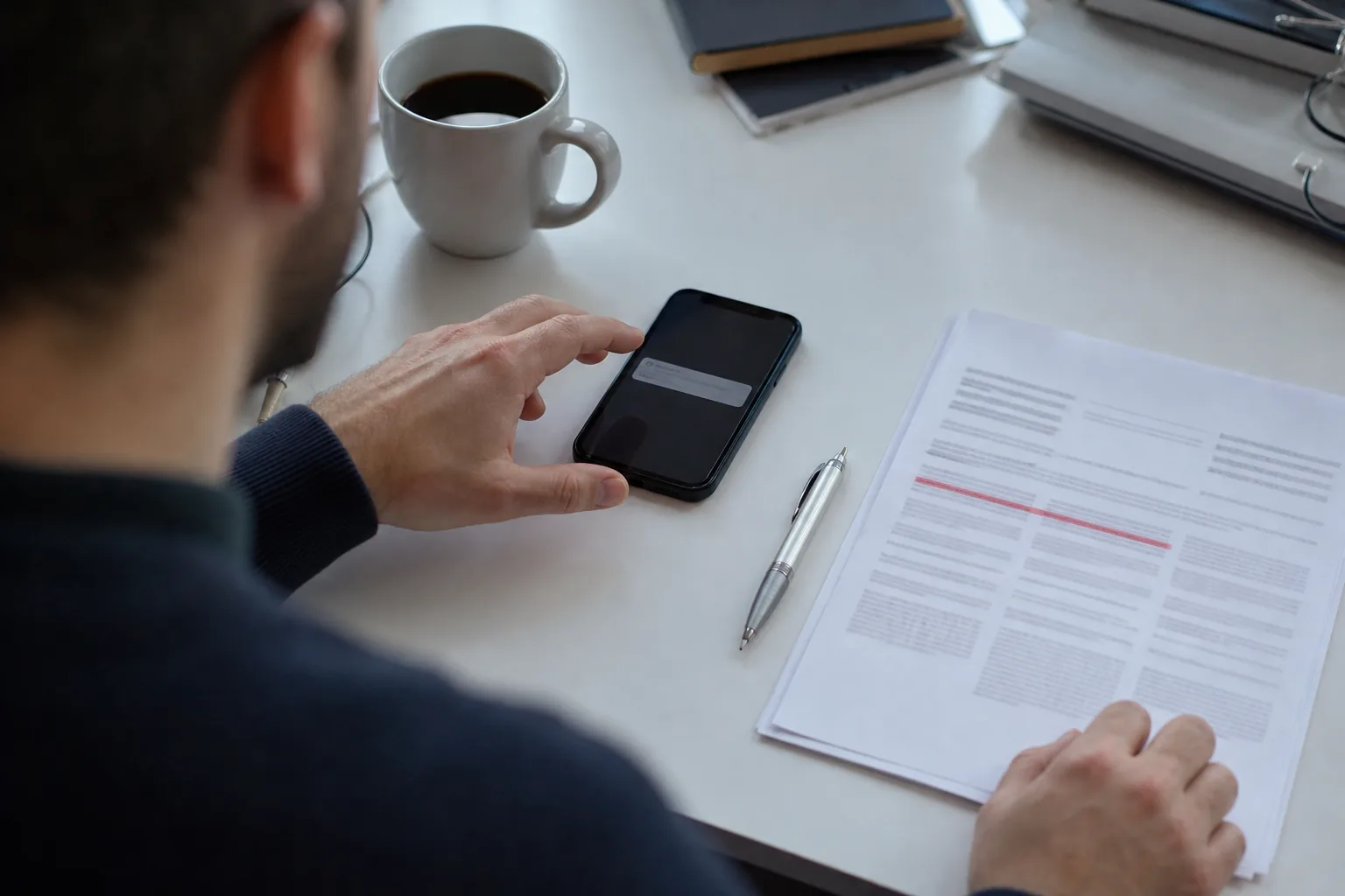 A phone face up on a desk showing a short notification card next to a printed diff with one line marked