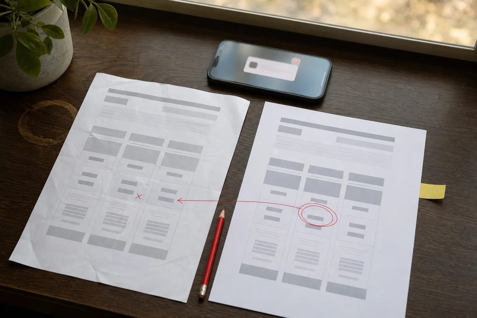 Two printed versions of the same pricing page side by side on a dark wooden desk, a changed price circled in red pencil with an arrow between the sheets, and a phone beside them showing one short alert notification