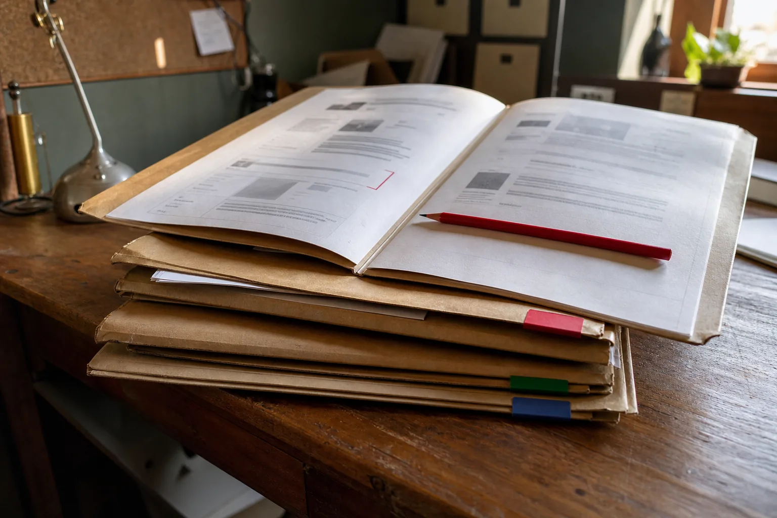 Four kraft folders with coloured index tabs stacked on an agency desk, each holding printed web page versions, the top one open with a red pencil mark on one line