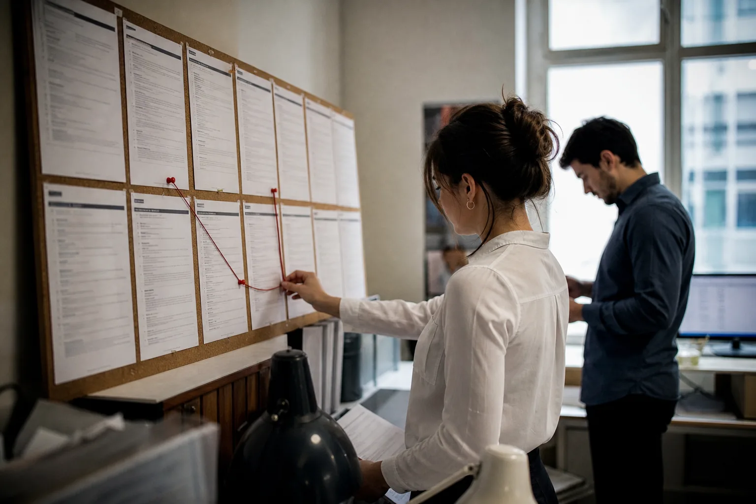 Printed job postings pinned to a cork board with three marked in red as new roles