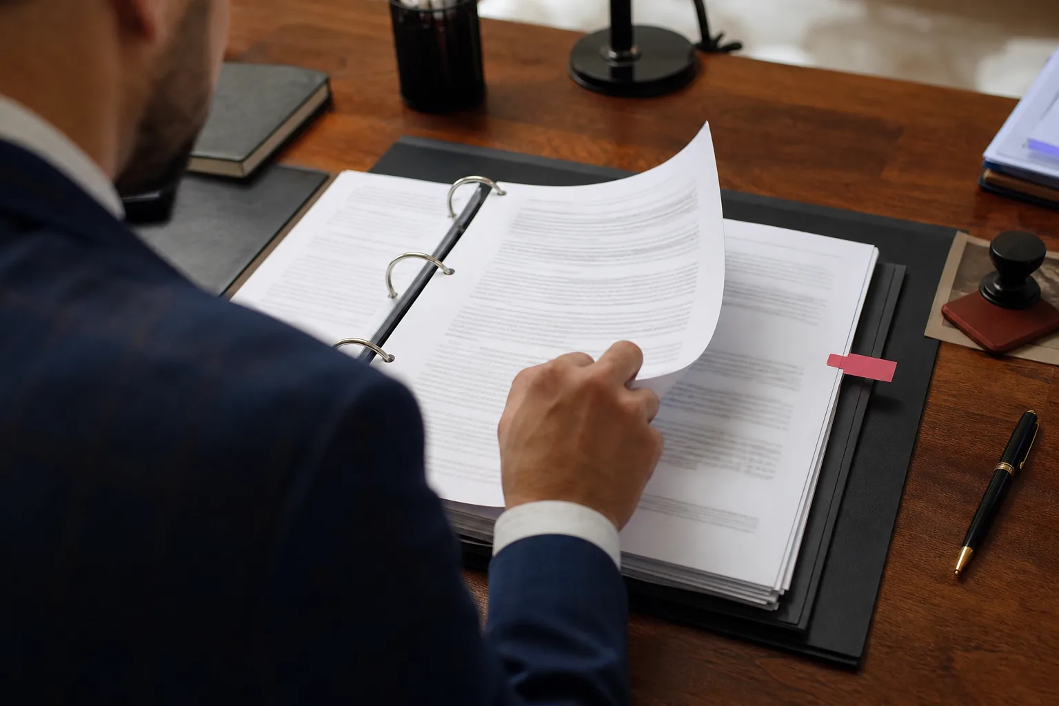 A vendor contract binder open on a legal desk with one clause flagged by a red sticky tab