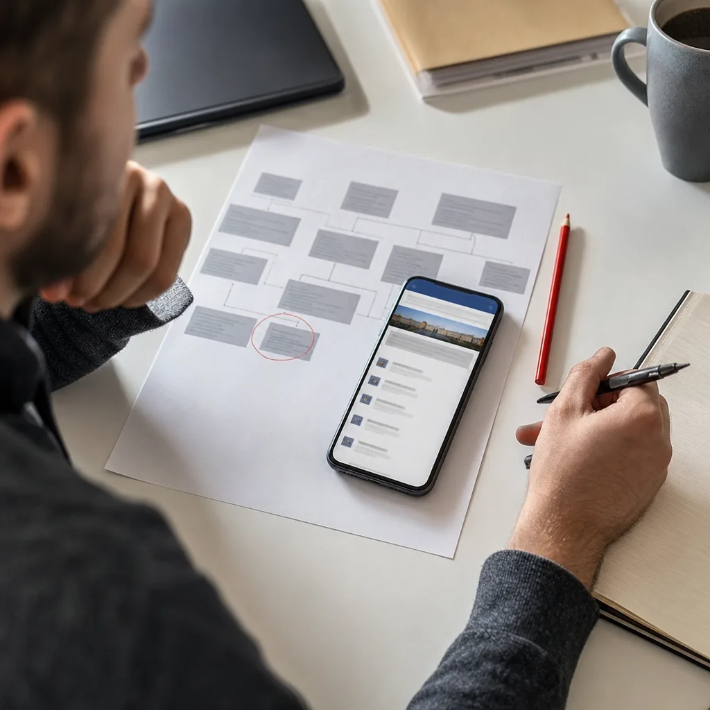 Smartphone on a desk showing a careers list of job openings, lying on a printed org chart with one box circled in red pencil