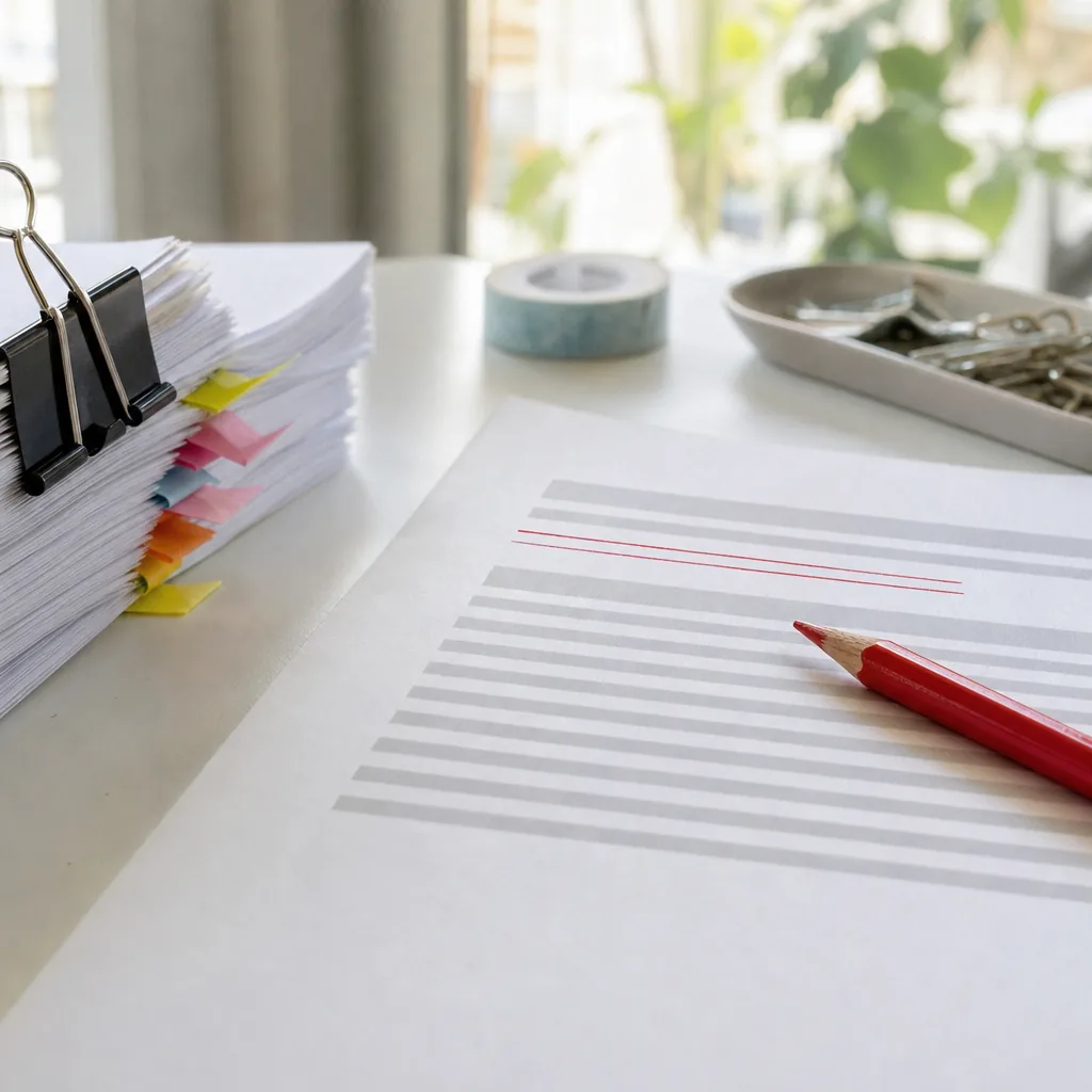 Printed press release on a desk with one headline underlined in red pencil, beside a stack of earlier printed release notes held by a binder clip with coloured index tabs