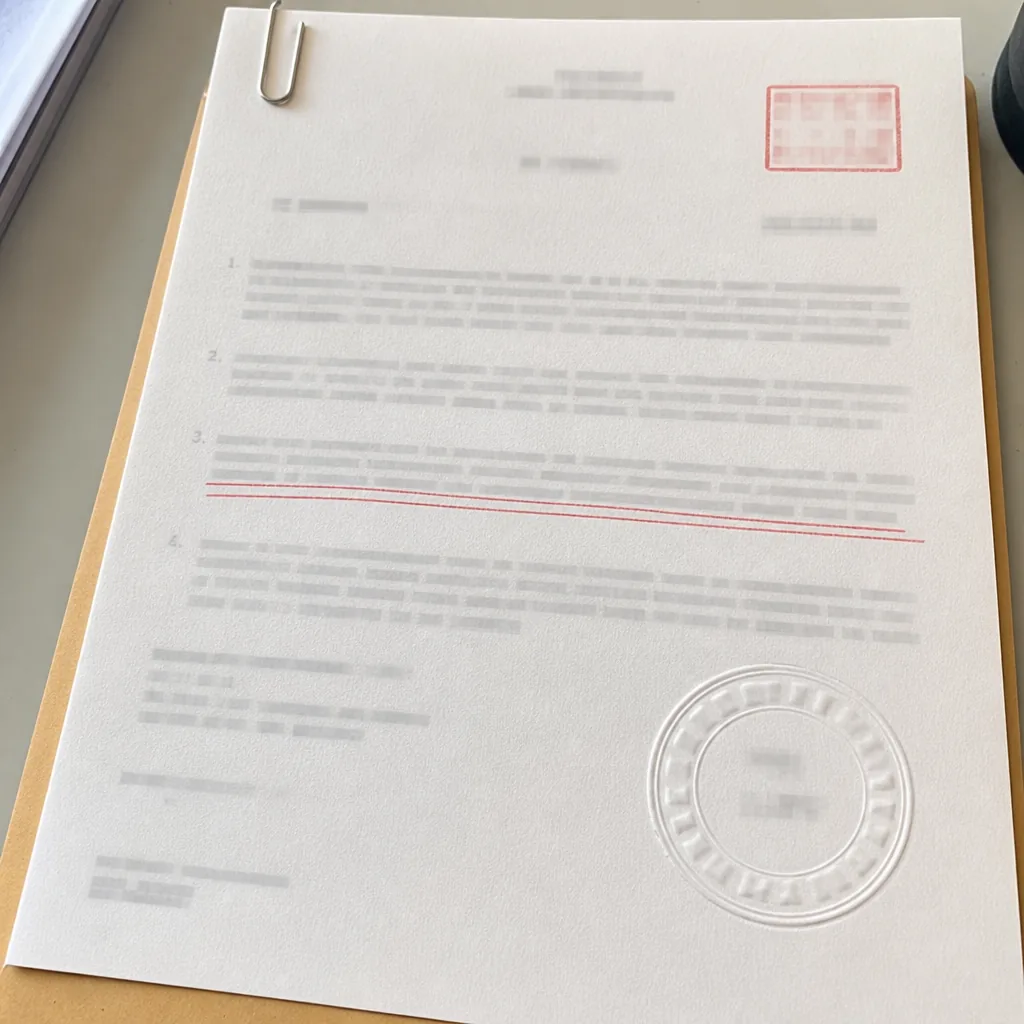 Printed official notice with an embossed round seal and a red date stamp, one paragraph underlined in red pencil