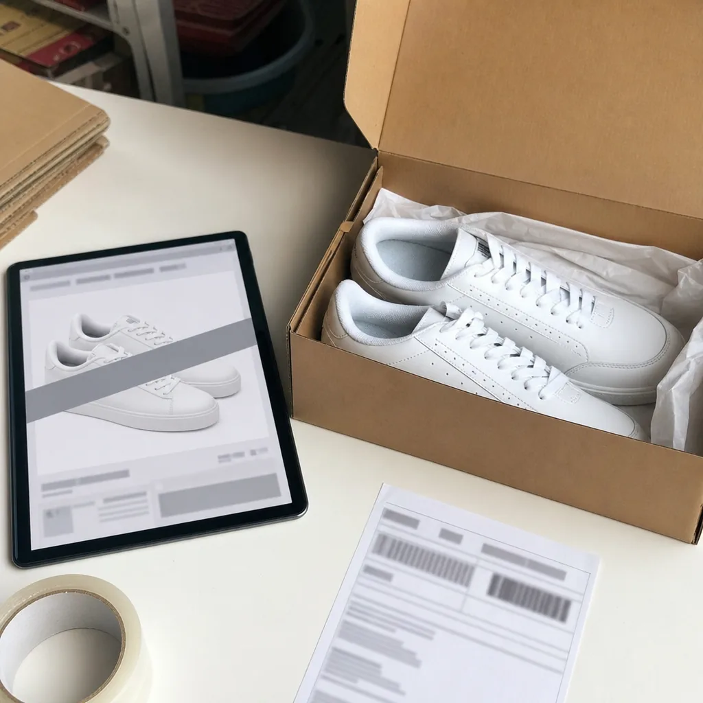 Printed shop product page beside a small cardboard box with a barcode label and a roll of packing tape