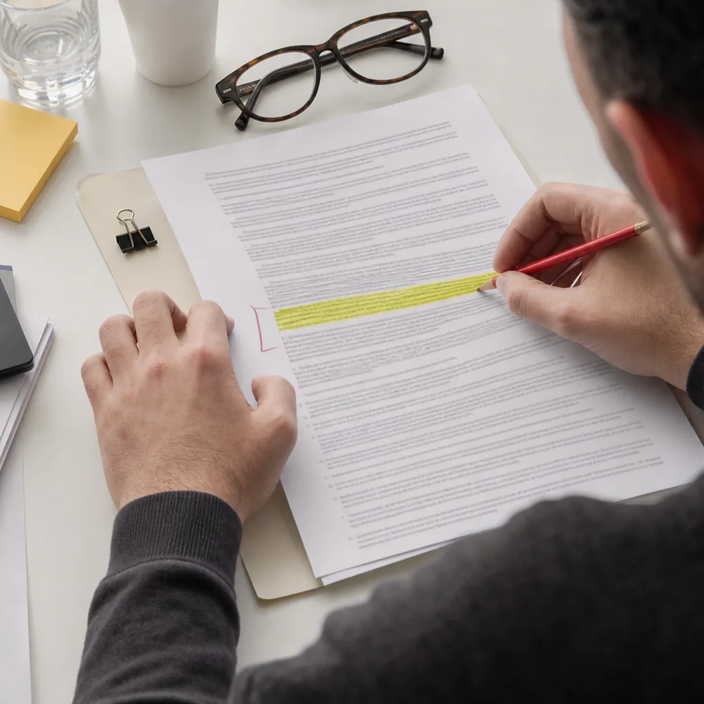 Printed terms of service page with one clause highlighted in yellow and bracketed in red pencil, reading glasses at the top edge